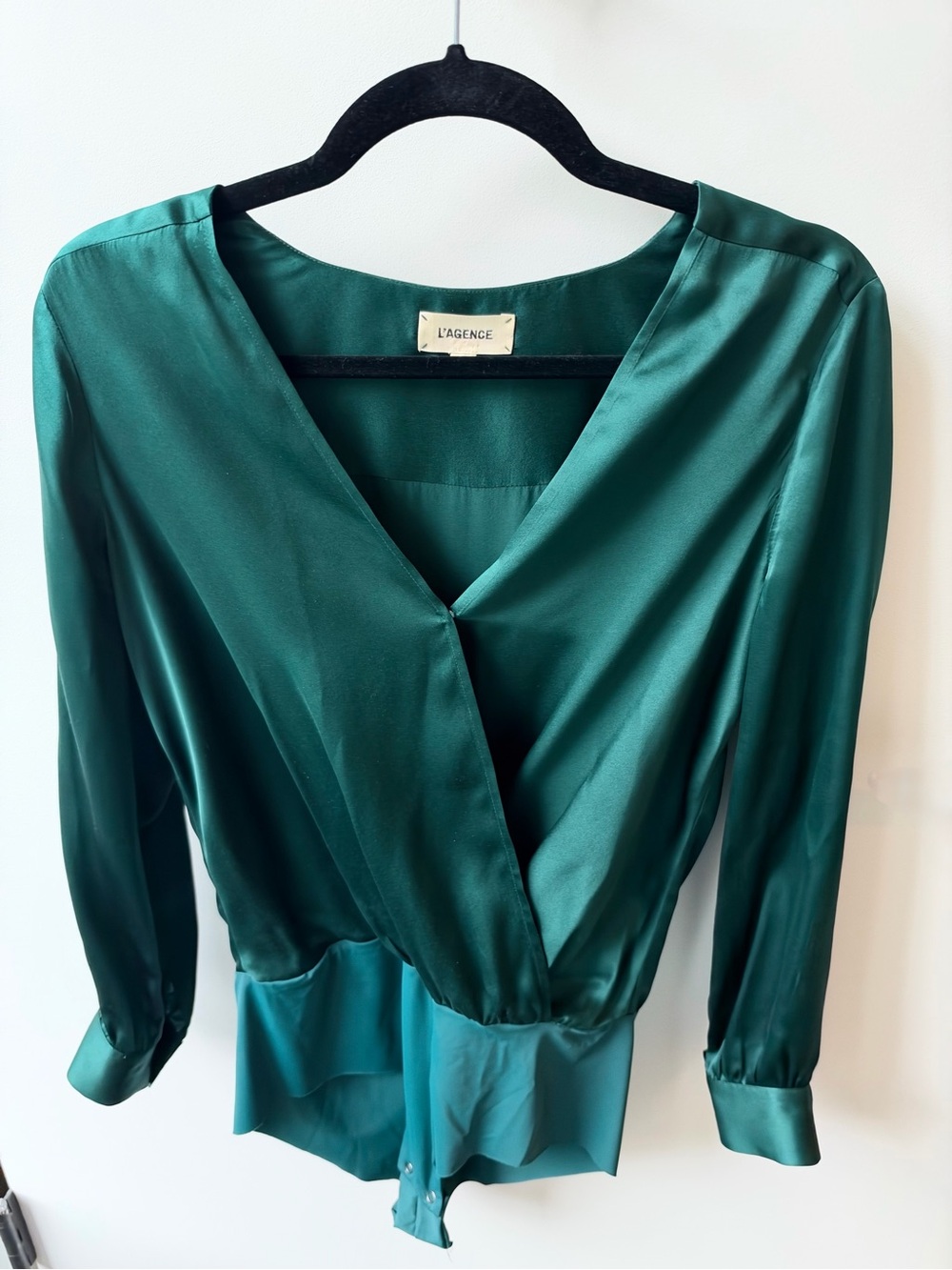 L'AGENCE Emerald Green Satin Wrap blouse with bodysuit bottom
